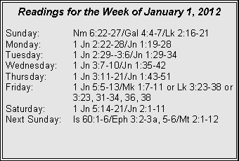 Text Box: Readings for the Week of January 1, 2012
Sunday: Nm 6:22-27/Gal 4:4-7/Lk 2:16-21
Monday: 1 Jn 2:22-28/Jn 1:19-28
Tuesday: 1 Jn 2:29--3:6/Jn 1:29-34
Wednesday: 1 Jn 3:7-10/Jn 1:35-42
Thursday: 1 Jn 3:11-21/Jn 1:43-51
Friday: 1 Jn 5:5-13/Mk 1:7-11 or Lk 3:23-38 or 3:23, 31-34, 36, 38
Saturday: 1 Jn 5:14-21/Jn 2:1-11
Next Sunday: Is 60:1-6/Eph 3:2-3a, 5-6/Mt 2:1-12