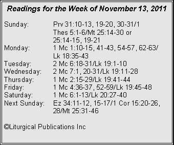 Text Box: Readings for the Week of November 13, 2011
Sunday: Prv 31:10-13, 19-20, 30-31/1
Thes 5:1-6/Mt 25:14-30 or
25:14-15, 19-21
Monday: 1 Mc 1:10-15, 41-43, 54-57, 62-63/
Lk 18:35-43
Tuesday: 2 Mc 6:18-31/Lk 19:1-10
Wednesday: 2 Mc 7:1, 20-31/Lk 19:11-28
Thursday: 1 Mc 2:15-29/Lk 19:41-44
Friday: 1 Mc 4:36-37, 52-59/Lk 19:45-48
Saturday: 1 Mc 6:1-13/Lk 20:27-40
Next Sunday: Ez 34:11-12, 15-17/1 Cor 15:20-26, 28/Mt 25:31-46
©Liturgical Publications Inc