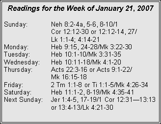 Text Box: Readings for the Week of January 21, 2007Sunday:	Neh 8:2-4a, 5-6, 8-10/1 	Cor 12:12-30 or 12:12-14, 27/	Lk 1:1-4; 4:14-21Monday:	Heb 9:15, 24-28/Mk 3:22-30Tuesday:	Heb 10:1-10/Mk 3:31-35Wednesday:	Heb 10:11-18/Mk 4:1-20Thursday:	Acts 22:3-16 or Acts 9:1-22/	Mk 16:15-18Friday:	2 Tm 1:1-8 or Ti 1:1-5/Mk 4:26-34Saturday:	Heb 11:1-2, 8-19/Mk 4:35-41Next Sunday:	Jer 1:4-5, 17-19/1 Cor 12:31�13:13 		or 13:4-13/Lk 4:21-30
