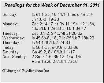 Text Box: Readings for the Week of December 11, 2011
Sunday: Is 61:1-2a, 10-11/1 Thes 5:16-24/
Jn 1:6-8, 19-28
Monday: Zec 2:14-17 or Rv 11:19a; 12:1-6a, 10ab/Lk 1:26-38 or Lk 1:39-47
Tuesday: Zep 3:1-2, 9-13/Mt 21:28-32
Wednesday: Is 45:6b-8, 18, 21b-25/Lk 7:18b-23
Thursday: Is 54:1-10/Lk 7:24-30
Friday: Is 56:1-3a, 6-8/Jn 5:33-36
Saturday: Gn 49:2, 8-10/Mt 1:1-17
Next Sunday: 2 Sm 7:1-5, 8b-12, 14a, 16/
Rom 16:25-27/Lk 1:26-38
©Liturgical Publications Inc