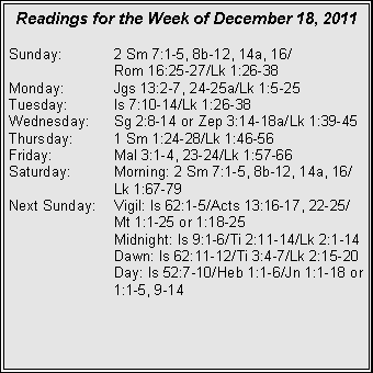 Text Box: Readings for the Week of December 18, 2011
Sunday: 2 Sm 7:1-5, 8b-12, 14a, 16/
Rom 16:25-27/Lk 1:26-38
Monday: Jgs 13:2-7, 24-25a/Lk 1:5-25
Tuesday: Is 7:10-14/Lk 1:26-38
Wednesday: Sg 2:8-14 or Zep 3:14-18a/Lk 1:39-45
Thursday: 1 Sm 1:24-28/Lk 1:46-56
Friday: Mal 3:1-4, 23-24/Lk 1:57-66
Saturday: Morning: 2 Sm 7:1-5, 8b-12, 14a, 16/ Lk 1:67-79
Next Sunday: Vigil: Is 62:1-5/Acts 13:16-17, 22-25/ Mt 1:1-25 or 1:18-25
Midnight: Is 9:1-6/Ti 2:11-14/Lk 2:1-14
Dawn: Is 62:11-12/Ti 3:4-7/Lk 2:15-20
Day: Is 52:7-10/Heb 1:1-6/Jn 1:1-18 or 1:1-5, 9-14
