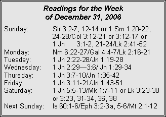 Text Box: Readings for the Week of December 31, 2006Sunday:	Sir 3:2-7, 12-14 or 1 Sm 1:20-22, 	24-28/Col 3:12-21 or 3:12-17 or 	1 Jn 	3:1-2, 21-24/Lk 2:41-52Monday:	Nm 6:22-27/Gal 4:4-7/Lk 2:16-21Tuesday:	1 Jn 2:22-28/Jn 1:19-28Wednesday:	1 Jn 2:29�3:6/ Jn 1:29-34Thursday:	1 Jn 3:7-10/Jn 1:35-42Friday:	1 Jn 3:11-21/Jn 1:43-51Saturday:	1 Jn 5:5-13/Mk 1:7-11 or Lk 3:23-38 	or 3:23, 31-34, 36, 38Next Sunday:	Is 60:1-6/Eph 3:2-3a, 5-6/Mt 2:1-12