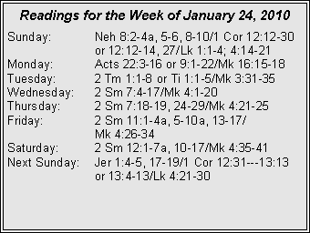 Text Box: Readings for the Week of January 24, 2010
Sunday: Neh 8:2-4a, 5-6, 8-10/1 Cor 12:12-30 or 12:12-14, 27/Lk 1:1-4; 4:14-21
Monday: Acts 22:3-16 or 9:1-22/Mk 16:15-18
Tuesday: 2 Tm 1:1-8 or Ti 1:1-5/Mk 3:31-35
Wednesday: 2 Sm 7:4-17/Mk 4:1-20
Thursday: 2 Sm 7:18-19, 24-29/Mk 4:21-25
Friday: 2 Sm 11:1-4a, 5-10a, 13-17/
Mk 4:26-34
Saturday: 2 Sm 12:1-7a, 10-17/Mk 4:35-41
Next Sunday: Jer 1:4-5, 17-19/1 Cor 12:31---13:13 or 13:4-13/Lk 4:21-30