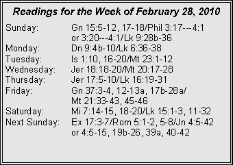 Text Box: Readings for the Week of February 28, 2010
Sunday: Gn 15:5-12, 17-18/Phil 3:17---4:1
or 3:20---4:1/Lk 9:28b-36
Monday: Dn 9:4b-10/Lk 6:36-38
Tuesday: Is 1:10, 16-20/Mt 23:1-12
Wednesday: Jer 18:18-20/Mt 20:17-28
Thursday: Jer 17:5-10/Lk 16:19-31
Friday: Gn 37:3-4, 12-13a, 17b-28a/
Mt 21:33-43, 45-46
Saturday: Mi 7:14-15, 18-20/Lk 15:1-3, 11-32
Next Sunday: Ex 17:3-7/Rom 5:1-2, 5-8/Jn 4:5-42
or 4:5-15, 19b-26, 39a, 40-42