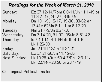 Text Box: Readings for the Week of March 21, 2010Sunday:	Ez 37:12-14/Rom 8:8-11/Jn 11:1-45 or 		11:3-7, 17, 20-27, 33b-45
Monday:	Dn 13:1-9, 15-17, 19-30, 33-62 or 		13:41c-62/Jn 8:1-11 or 8:12-20
Tuesday:	Nm 21:4-9/Jn 8:21-30
Wednesday:	Dn 3:14-20, 91-92, 95/Jn 8:31-42
Thursday:	Is 7:10-14; 8:10/Heb 10:4-10/		Lk 1:26-38
Friday:		Jer 20:10-13/Jn 10:31-42
Saturday:	Ez 37:21-28/Jn 11:45-56
Next Sunday:	Lk 19:28-40/Is 50:4-7/Phil 2:6-11/		Lk  22:14---23:56 or 23:1-49

� Liturgical Publications Inc
