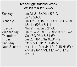 Text Box: Readings for the week
of March 29, 2009
Sunday: Jer 31:31-34/Heb 5:7-9/
Jn 12:20-33
Monday: Dn 13:1-9, 15-17, 19-30, 33-62 or 13:41c-62/Jn 8:1-11
Tuesday: Nm 21:4-9/Jn 8:21-30
Wednesday: Dn 3:14-20, 91-92, 95/Jn 8:31-42
Thursday: Gn 17:3-9/Jn 8:51-59
Friday: Jer 20:10-13/Jn 10:31-42
Saturday: Ez 37:21-28/Jn 11:45-56
Next Sunday: Mk 11:1-10 or Jn 12:12-16 /Is 50:4- 7/Phil 2:6-11/Mk 14:1---15:47 or 15:1-39