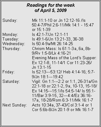Text Box: Readings for the week of April 5, 2009Sunday:	Mk 11:1-10 or Jn 12:12-16 /Is 			50:4-7/Phil 2:6-11/Mk 14:1 - 15:47 		or 15:1-39
Monday:	Is 42:1-7/Jn 12:1-11
Tuesday:	Is 49:1-6/Jn 13:21-33, 36-38
Wednesday:	Is 50:4-9a/Mt 26:14-25
Thursday:	Chrism Mass: Is 61:1-3a, 6a, 8b-		9/Rv 1:5-8/Lk 4:16-21
		Evening Mass of the Lord's Supper: 		Ex 12:1-8, 11-14/1 Cor 11:23-26/		Jn 13:1-15
Friday:		Is 52:13---53:12/ Heb 4:14-16; 5:7-		9/Jn 18:1---19:42
Saturday:	Vigil: Gn 1:1---2:2 or 1:1, 26-31a/Gn 		22:1-18 or 22:1-2, 9a, 10-13, 15-18/		Ex 14:15---15:1/Is 54:5-14/ Is 55:1-		11/Bar 3:9-15, 32---4:4/Ez 36:16-		17a, 18-28/Rom 6:3-11/Mk 16:1-7
Next Sunday:	Acts 10:34a, 37-43/Col 3:1-4 or 1 		Cor 5:6b-8/Jn 20:1-9 or Mk 16:1-7
