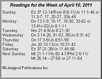 Text Box: Readings for the Week of April 10, 2011
Sunday: Ez 37:12-14/Rom 8:8-11/Jn 11:1-45 or 11:3-7, 17, 20-27, 33b-45
Monday: Dn 13:1-9, 15-17, 19-30, 33-62 or 13:41c-62/Jn 8:1-11
Tuesday: Nm 21:4-9/Jn 8:21-30
Wednesday: Dn 3:14-20, 91-92, 95/Jn 8:31-42
Thursday: Gn 17:3-9/Jn 8:51-59
Friday: Jer 20:10-13/Jn 10:31-42
Saturday: Ez 37:21-28/Jn 11:45-56
Next Sunday: Mt 21:1-11/Is 50:4-7/Phil 2:6-11/
Mt 26:14---27:66 or 27:11-54
©Liturgical Publications Inc