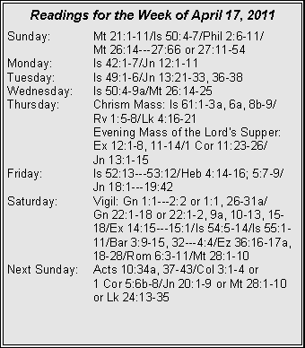 Text Box: Readings for the Week of April 17, 2011Sunday:	Mt 21:1-11/Is 50:4-7/Phil 2:6-11/		Mt 26:14---27:66 or 27:11-54Monday:	Is 42:1-7/Jn 12:1-11Tuesday:	Is 49:1-6/Jn 13:21-33, 36-38Wednesday:	Is 50:4-9a/Mt 26:14-25Thursday:	Chrism Mass: Is 61:1-3a, 6a, 8b-9/		Rv 1:5-8/Lk 4:16-21		Evening Mass of the Lord's Supper: 		Ex 12:1-8, 11-14/1 Cor 11:23-26/		Jn 13:1-15Friday:		Is 52:13---53:12/Heb 4:14-16; 5:7-9/		Jn 18:1---19:42Saturday:	Vigil: Gn 1:1---2:2 or 1:1, 26-31a/		Gn 22:1-18 or 22:1-2, 9a, 10-13, 15-		18/Ex 14:15---15:1/Is 54:5-14/Is 55:1-		11/Bar 3:9-15, 32---4:4/Ez 36:16-17a, 		18-28/Rom 6:3-11/Mt 28:1-10Next Sunday:	Acts 10:34a, 37-43/Col 3:1-4 or 		1 Cor 5:6b-8/Jn 20:1-9 or Mt 28:1-10 		or Lk 24:13-35