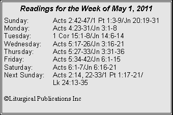 Text Box: Readings for the Week of May 1, 2011
Sunday: Acts 2:42-47/1 Pt 1:3-9/Jn 20:19-31
Monday: Acts 4:23-31/Jn 3:1-8
Tuesday: 1 Cor 15:1-8/Jn 14:6-14
Wednesday: Acts 5:17-26/Jn 3:16-21
Thursday: Acts 5:27-33/Jn 3:31-36
Friday: Acts 5:34-42/Jn 6:1-15
Saturday: Acts 6:1-7/Jn 6:16-21
Next Sunday: Acts 2:14, 22-33/1 Pt 1:17-21/
Lk 24:13-35
©Liturgical Publications Inc