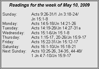 Text Box: Readings for the week of May 10, 2009
Sunday: Acts 9:26-31/1 Jn 3:18-24/
Jn 15:1-8
Monday: Acts 14:5-18/Jn 14:21-26
Tuesday: Acts 14:19-28/Jn 14:27-31a
Wednesday: Acts 15:1-6/Jn 15:1-8
Thursday: Acts 1:15-17, 20-26/Jn 15:9-17
Friday: Acts 15:22-31/Jn 15:12-17
Saturday: Acts 16:1-10/Jn 15:18-21
Next Sunday: Acts 10:25-26, 34-35, 44-48/
1 Jn 4:7-10/Jn 15:9-17