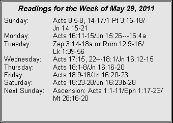 Text Box: Readings for the Week of May 29, 2011
Sunday: Acts 8:5-8, 14-17/1 Pt 3:15-18/
Jn 14:15-21
Monday: Acts 16:11-15/Jn 15:26---16:4a
Tuesday: Zep 3:14-18a or Rom 12:9-16/
Lk 1:39-56
Wednesday: Acts 17:15, 22---18:1/Jn 16:12-15
Thursday: Acts 18:1-8/Jn 16:16-20
Friday: Acts 18:9-18/Jn 16:20-23
Saturday: Acts 18:23-28/Jn 16:23b-28
Next Sunday: Ascension: Acts 1:1-11/Eph 1:17-23/ Mt 28:16-20