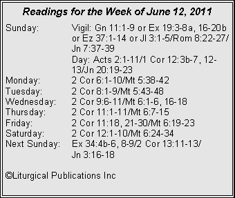Text Box: Readings for the Week of June 12, 2011
Sunday: Vigil: Gn 11:1-9 or Ex 19:3-8a, 16-20b or Ez 37:1-14 or Jl 3:1-5/Rom 8:22-27/ Jn 7:37-39
Day: Acts 2:1-11/1 Cor 12:3b-7, 12- 13/Jn 20:19-23
Monday: 2 Cor 6:1-10/Mt 5:38-42
Tuesday: 2 Cor 8:1-9/Mt 5:43-48
Wednesday: 2 Cor 9:6-11/Mt 6:1-6, 16-18
Thursday: 2 Cor 11:1-11/Mt 6:7-15
Friday: 2 Cor 11:18, 21-30/Mt 6:19-23
Saturday: 2 Cor 12:1-10/Mt 6:24-34
Next Sunday: Ex 34:4b-6, 8-9/2 Cor 13:11-13/
Jn 3:16-18
©Liturgical Publications Inc