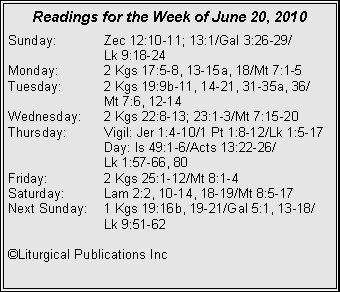 Text Box: Readings for the Week of June 20, 2010
Sunday:	Zec 12:10-11; 13:1/Gal 3:26-29/		Lk 9:18-24
Monday:	2 Kgs 17:5-8, 13-15a, 18/Mt 7:1-5
Tuesday:	2 Kgs 19:9b-11, 14-21, 31-35a, 36/		Mt 7:6, 12-14
Wednesday:	2 Kgs 22:8-13; 23:1-3/Mt 7:15-20
Thursday:	Vigil: Jer 1:4-10/1 Pt 1:8-12/Lk 1:5-17
		Day: Is 49:1-6/Acts 13:22-26/		Lk 1:57-66, 80
Friday:		2 Kgs 25:1-12/Mt 8:1-4
Saturday:	Lam 2:2, 10-14, 18-19/Mt 8:5-17
Next Sunday:	1 Kgs 19:16b, 19-21/Gal 5:1, 13-18/		Lk 9:51-62

�Liturgical Publications Inc
