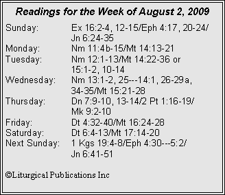 Text Box: Readings for the Week of August 2, 2009
Sunday: Ex 16:2-4, 12-15/Eph 4:17, 20-24/
Jn 6:24-35
Monday: Nm 11:4b-15/Mt 14:13-21
Tuesday: Nm 12:1-13/Mt 14:22-36 or
15:1-2, 10-14
Wednesday: Nm 13:1-2, 25---14:1, 26-29a,
34-35/Mt 15:21-28
Thursday: Dn 7:9-10, 13-14/2 Pt 1:16-19/
Mk 9:2-10
Friday: Dt 4:32-40/Mt 16:24-28
Saturday: Dt 6:4-13/Mt 17:14-20
Next Sunday: 1 Kgs 19:4-8/Eph 4:30---5:2/
Jn 6:41-51
©Liturgical Publications Inc