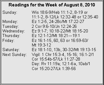 Text Box: Readings for the Week of August 8, 2010
Sunday: Wis 18:6-9/Heb 11:1-2, 8-19 or
11:1-2, 8-12/Lk 12:32-48 or 12:35-40
Monday: Ez 1:2-5, 24-28c/Mt 17:22-27
Tuesday: 2 Cor 9:6-10/Jn 12:24-26
Wednesday: Ez 9:1-7; 10:18-22/Mt 18:15-20
Thursday: Ez 12:1-12/Mt 18:21---19:1
Friday: Ez 16:1-15, 60, 63 or 16:59-63/
Mt 19:3-12
Saturday: Ez 18:1-10, 13b, 30-32/Mt 19:13-15
Next Sunday: Vigil: 1 Chr 15:3-4, 15-16; 16:1-2/1 Cor 15:54b-57/Lk 11:27-28
Day: Rv 11:19a; 12:1-6a, 10ab/1
Cor 15:20-27/Lk 1:39-56