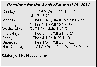 Text Box: Readings for the Week of August 21, 2011Sunday:	Is 22:19-23/Rom 11:33-36/		Mt 16:13-20Monday:	1 Thes 1:1-5, 8b-10/Mt 23:13-22Tuesday:	1 Thes 2:1-8/Mt 23:23-26Wednesday:	Rv 21:9b-14/Jn 1:45-51Thursday:	1 Thes 3:7-13/Mt 24:42-51Friday:		1 Thes 4:1-8/Mt 25:1-13Saturday:	1 Thes 4:9-11/Mt 25:14-30Next Sunday:	Jer 20:7-9/Rom 12:1-2/Mt 16:21-27�Liturgical Publications Inc