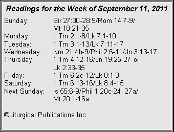 Text Box: Readings for the Week of September 11, 2011
Sunday: Sir 27:30-28:9/Rom 14:7-9/
Mt 18:21-35
Monday: 1 Tm 2:1-8/Lk 7:1-10
Tuesday: 1 Tm 3:1-13/Lk 7:11-17
Wednesday: Nm 21:4b-9/Phil 2:6-11/Jn 3:13-17
Thursday: 1 Tm 4:12-16/Jn 19:25-27 or
Lk 2:33-35
Friday: 1 Tm 6:2c-12/Lk 8:1-3
Saturday: 1 Tm 6:13-16/Lk 8:4-15
Next Sunday: Is 55:6-9/Phil 1:20c-24, 27a/
Mt 20:1-16a
©Liturgical Publications Inc