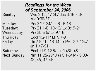 Text Box: Readings for the Week of September 24, 2006Sunday:	Wis 2:12, 17-20/ Jas 3:16-4:3/ 		Mk 9:30-37Monday:	Prv 3:27-34/ Lk 8:16-18Tuesday:	Prv 21:1-6, 10-13/ Lk 8:19-21Wednesday:	Prv 30:5-9/ Lk 9:1-6Thursday:	Eccl 1:2-11/ Lk 9:7-9Friday:		Dn 7:9-10, 13-14 or Rv 12:7-12a/ 		Jn 1:47-51Saturday:	Eccl 11:9-12:8/ Lk 9:43b-45Next Sunday:	Nm 11:25-29/ Jas 5:1-6/ Mk 9:38-		43, 45, 47-48